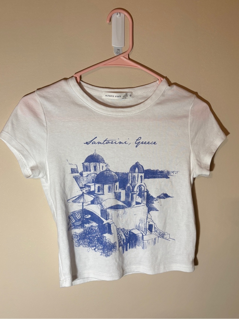 Altar'd State White Tee with Blue Santorini Sketch